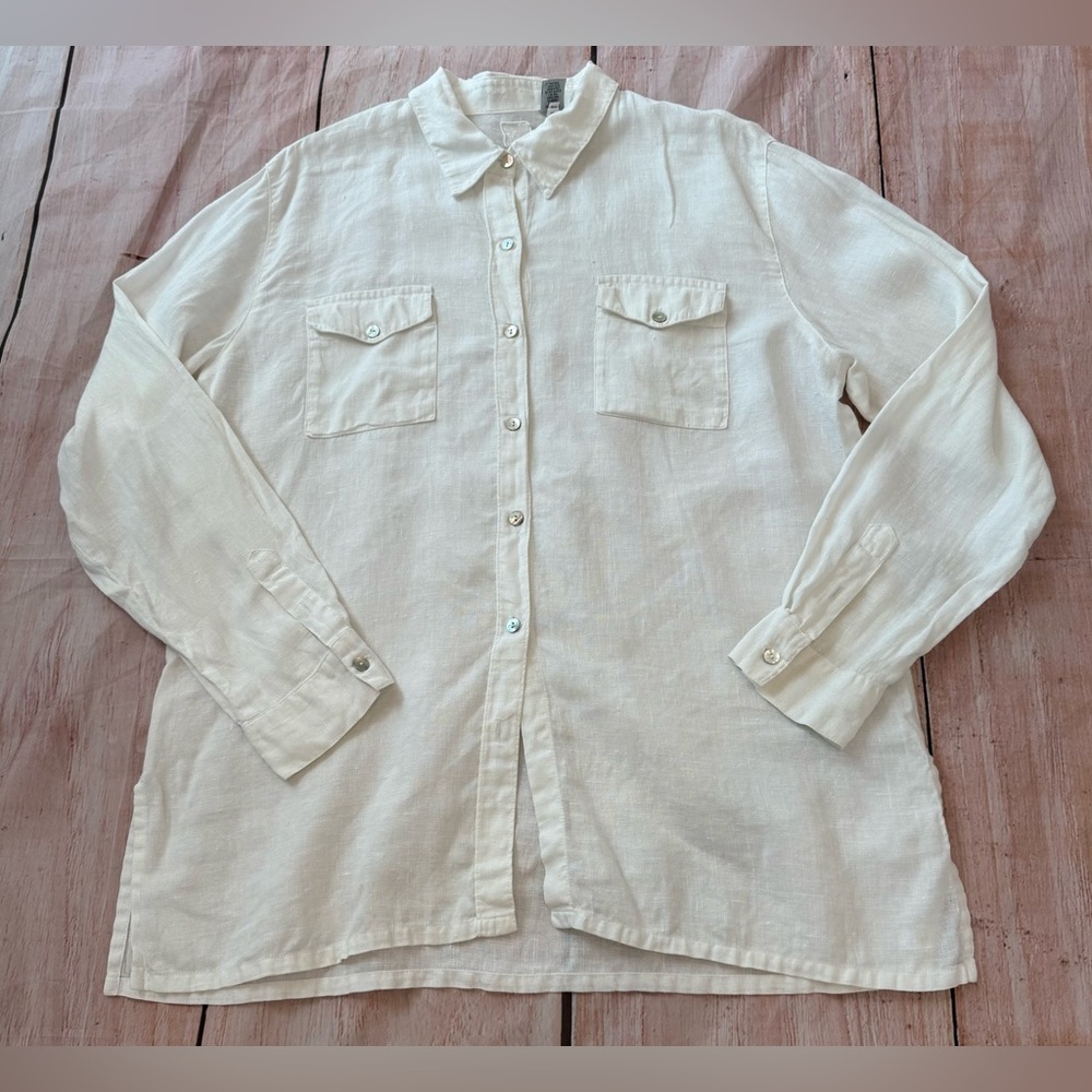 Chicos Shirt Womens 2 White Linen Lino Casual Summer Comfort Light Button Turkey